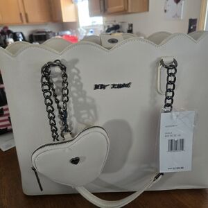 Betsey Johnson Cream Scalloped-Top Tote with Pink Lining
